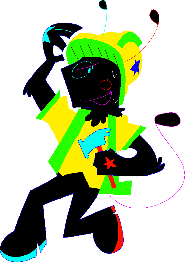 The Construction Bug, a fuzzy black creature with a bright yellow and green construction worker hat and outfit, and colored antennae, holding a hammer.